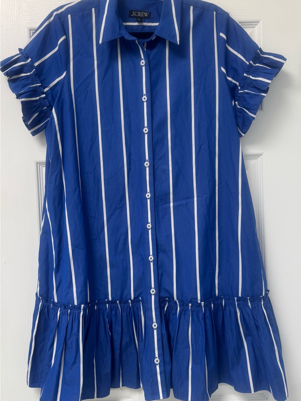 J. Crew Blue and White Vertical-Stripe Button Front Dress Size M Ruffle Detail